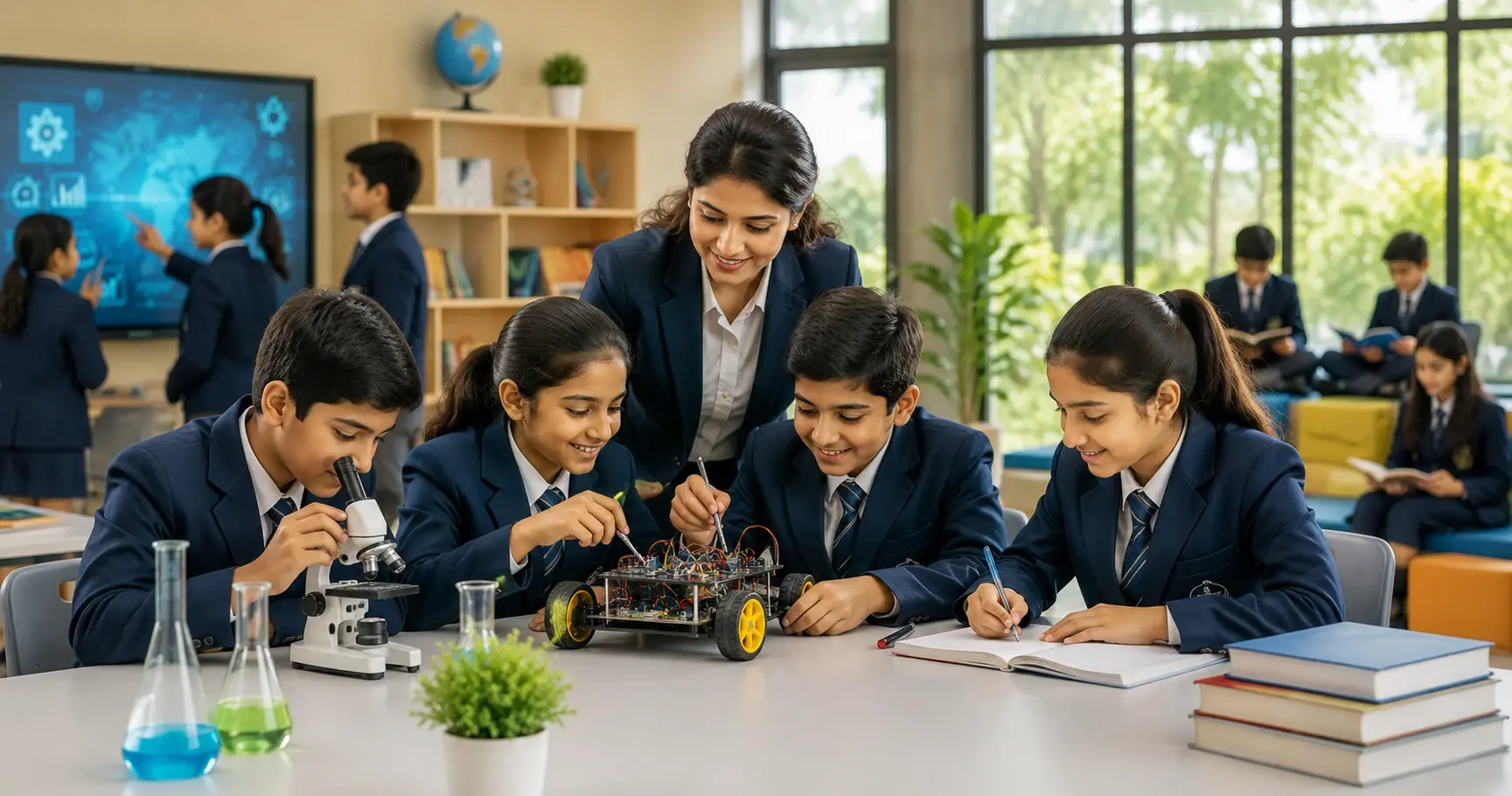 Indian students looking over high-level academic content and project work in school