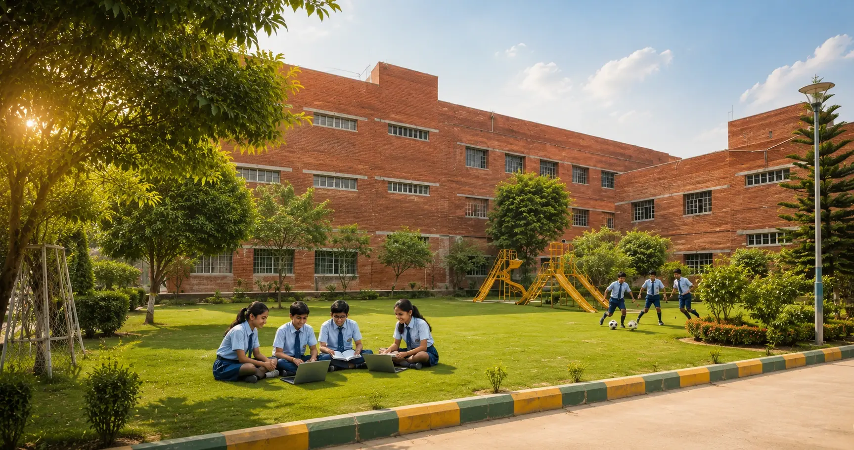 Gravel paths and sprawling green educational campus landscape of NIMT Beacon School