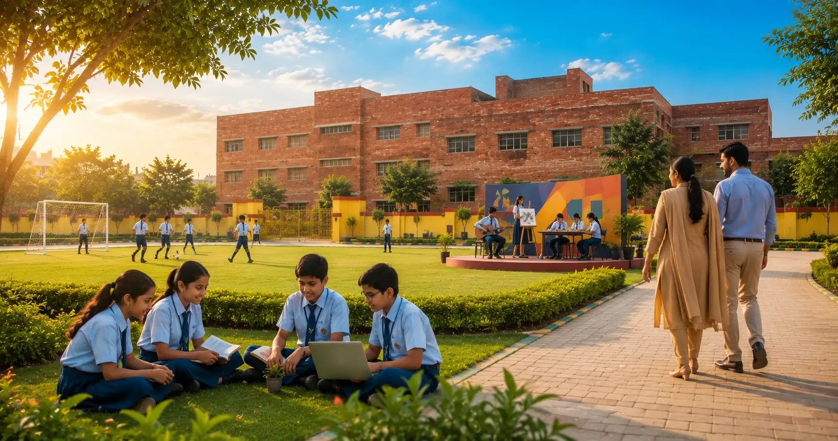 A happy smiling Indian family parent and child posing on school grounds during sunset