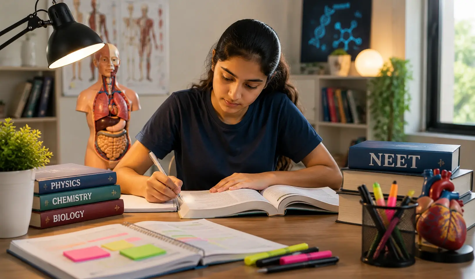Indian medical aspirants studying human anatomy and biology books in a group