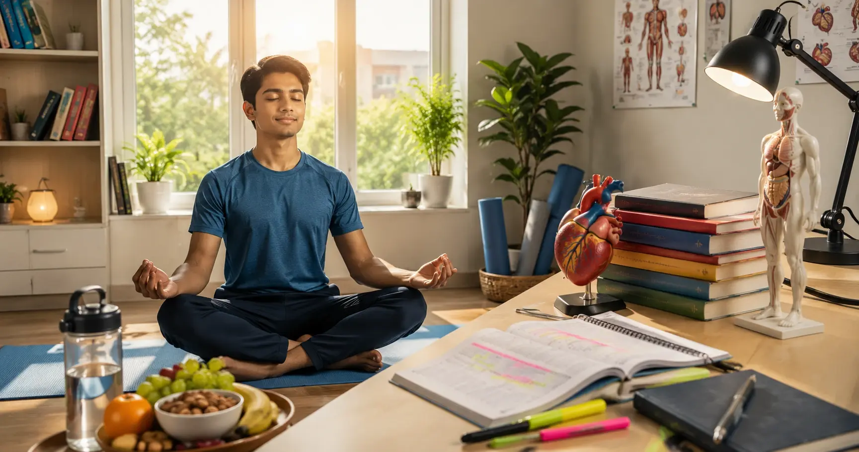 A calm student exercising or meditating for healthy mind and body during examinations