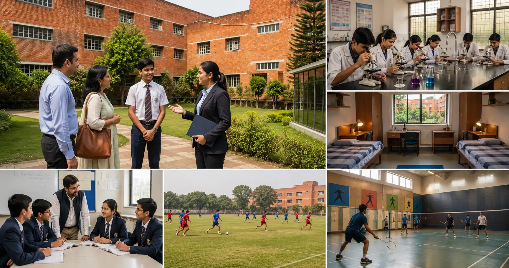 Parents walking through a modern clean boarding school library and academic campus