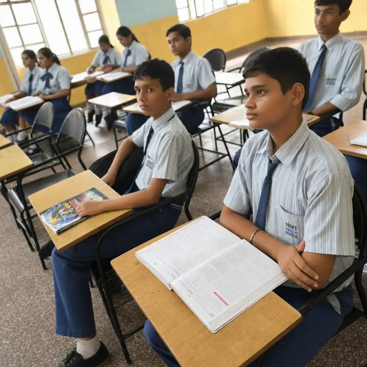 Dedicated school teacher helping young Indian students understand homework with smiles